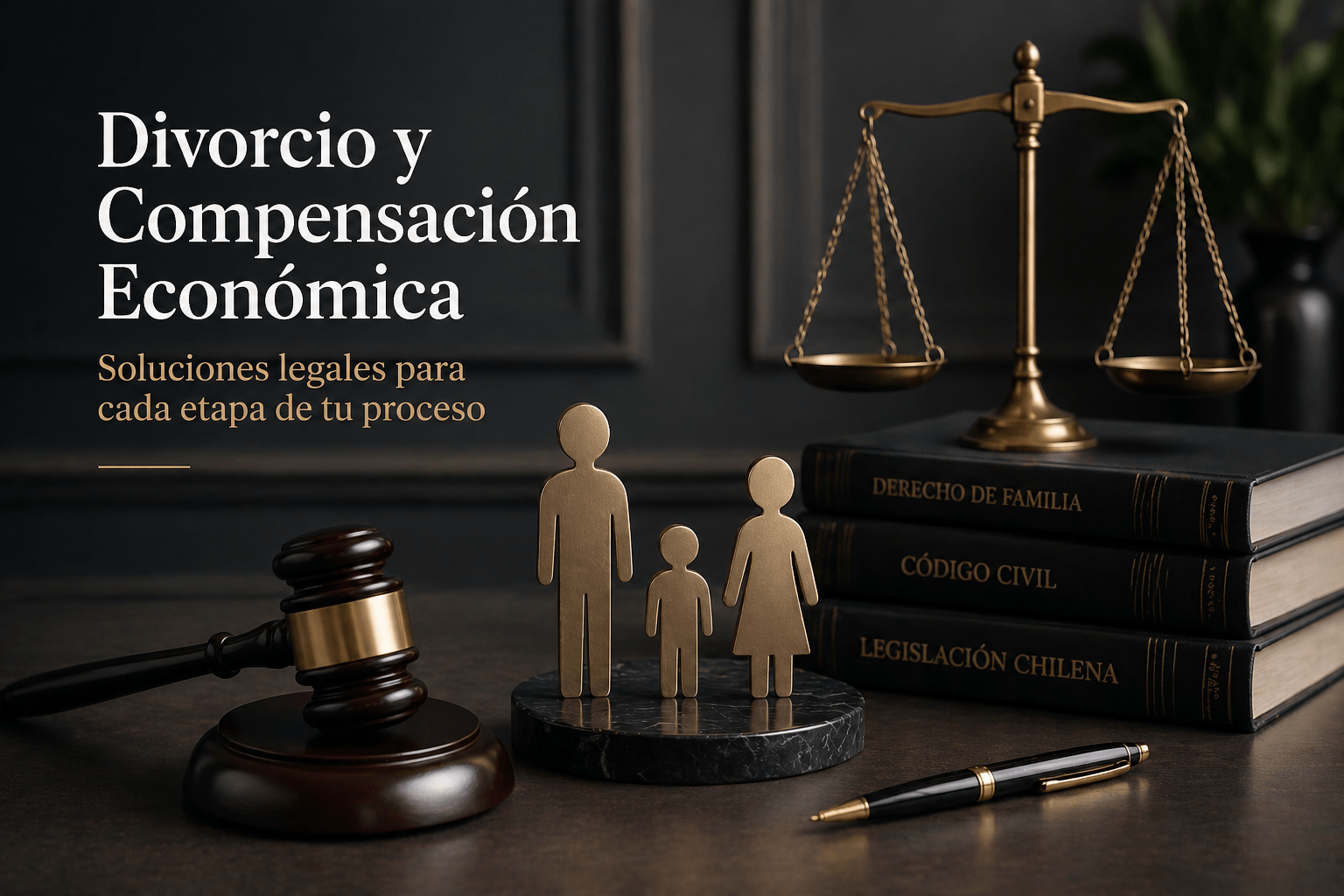Divorcio y compensación económica en Chile con enfoque legal y patrimonial, balanza de justicia y familia representada
