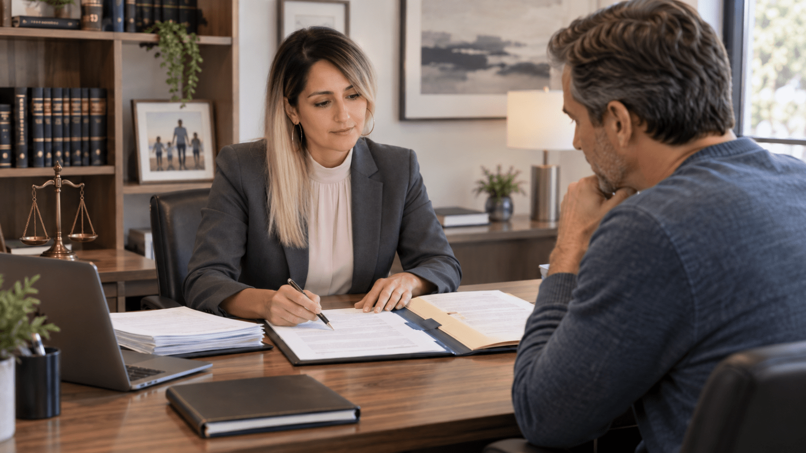 Abogada de familia revisando documentos con un cliente para evaluar cambios en un divorcio que ya está en trámite.
