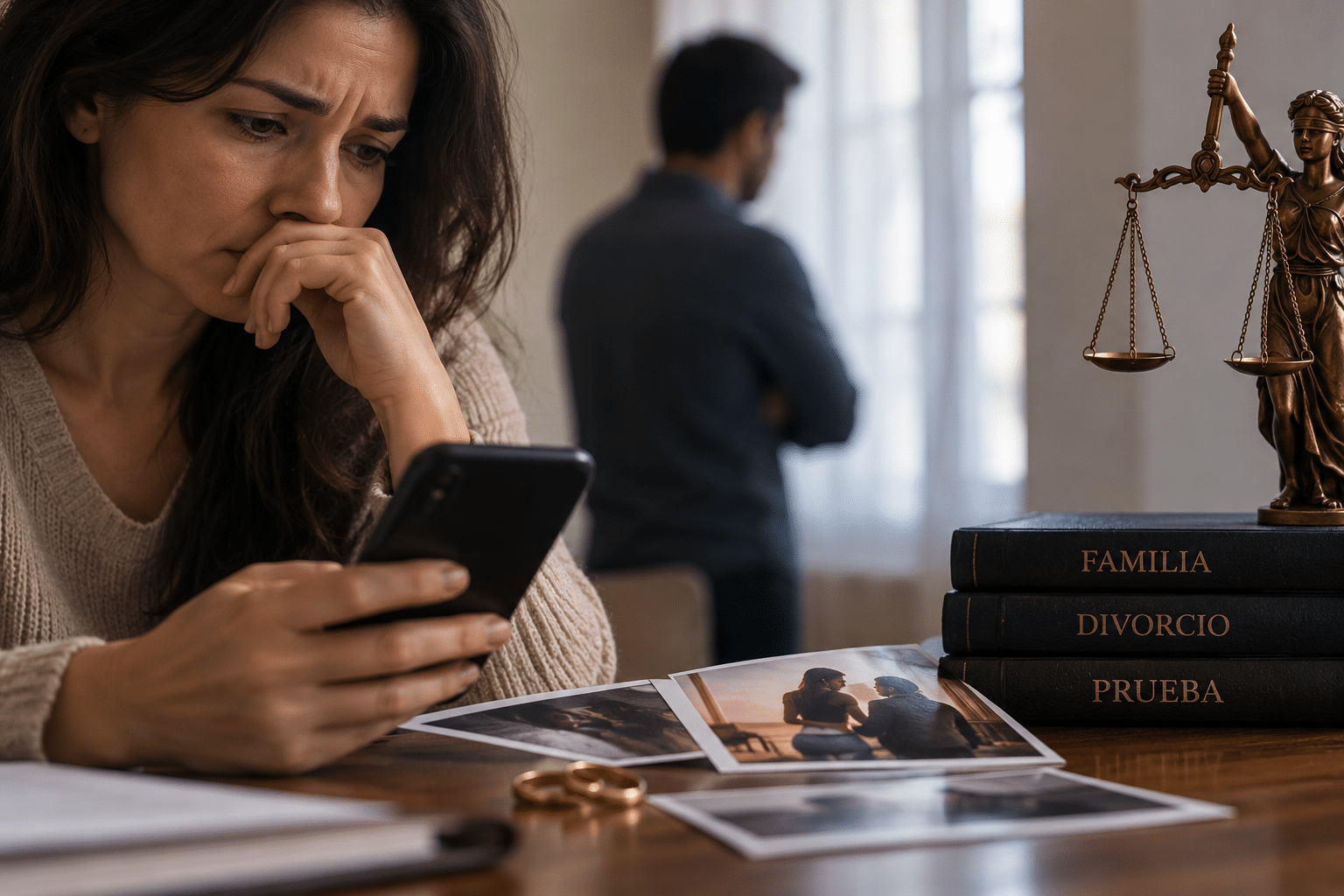 Mujer revisando antecedentes en su teléfono ante un posible divorcio por culpa, con documentos jurídicos y su cónyuge al fondo.