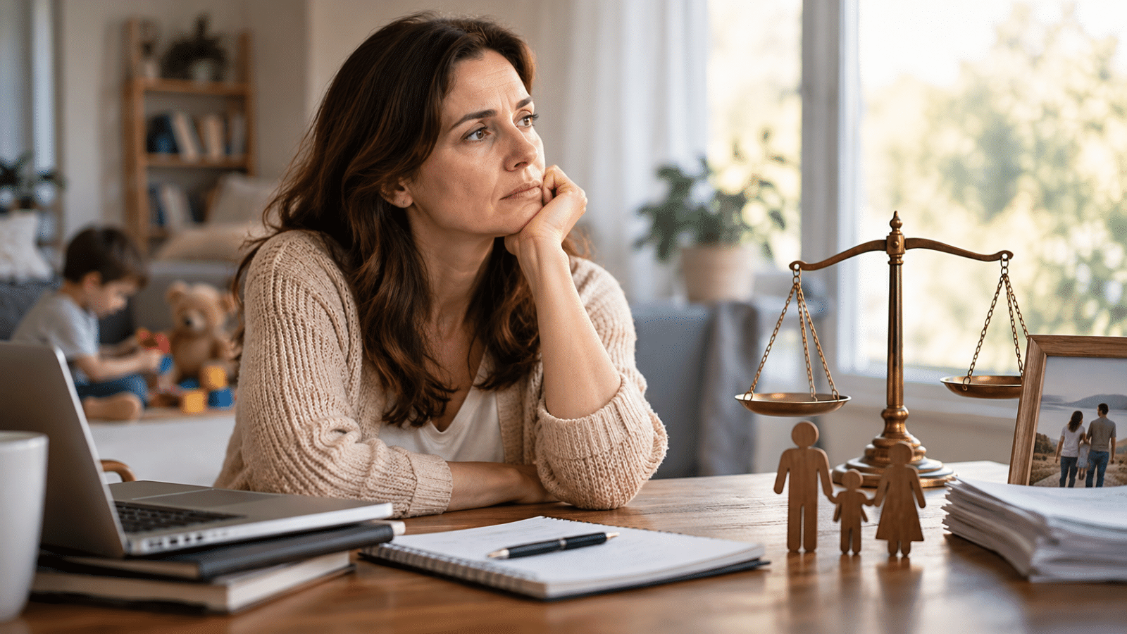 Mujer reflexionando sobre su situación económica tras el matrimonio, junto a documentos, un computador, figuras familiares y una balanza de la justicia.