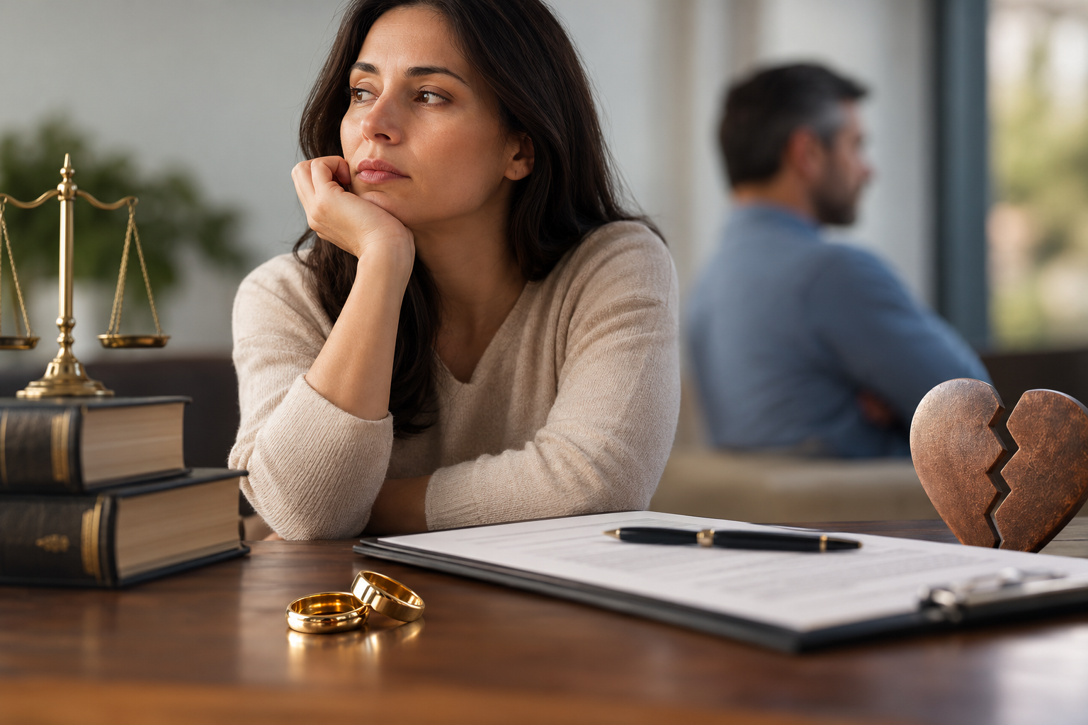 Mujer reflexionando ante documentos de divorcio mientras su cónyuge permanece distante al fondo.