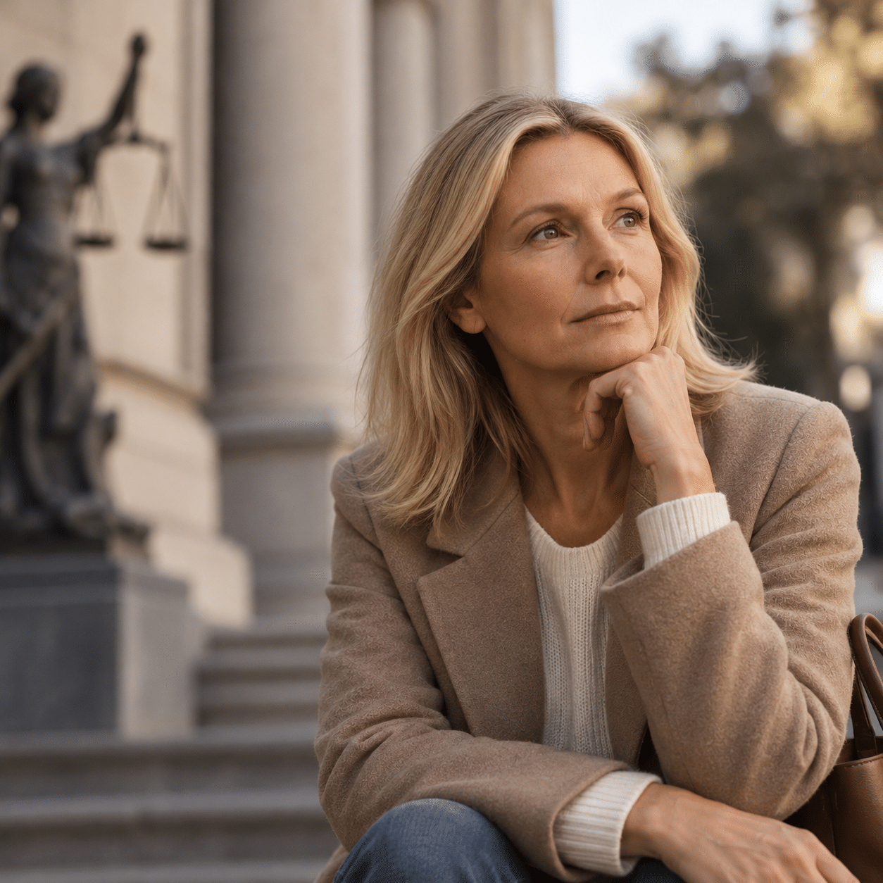 Mujer reflexiva frente a un tribunal, imagen del servicio de asesoría y defensa judicial en compensación económica del Estudio Jurídico Lexius.